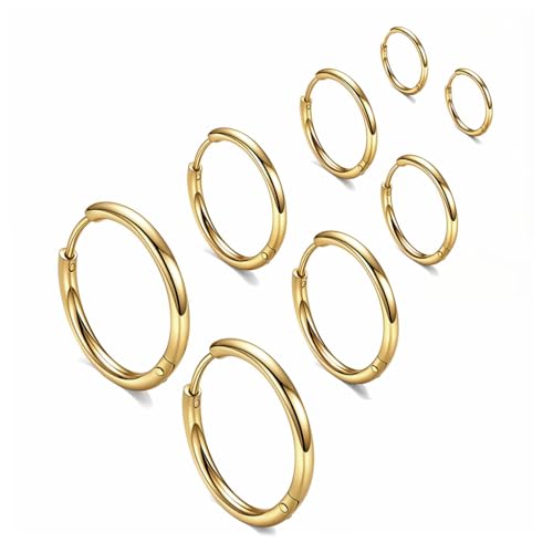 HASTHIP® 4 Pairs Hoops Earrings for Women Men Stylish Gold Stainless Steel Hoop Earrings 8mm/10mm/12mm/14mm Hoop Ear Rings Fashion Couple Jewellery Earrings set Birthday Gift for Men Women Girls
