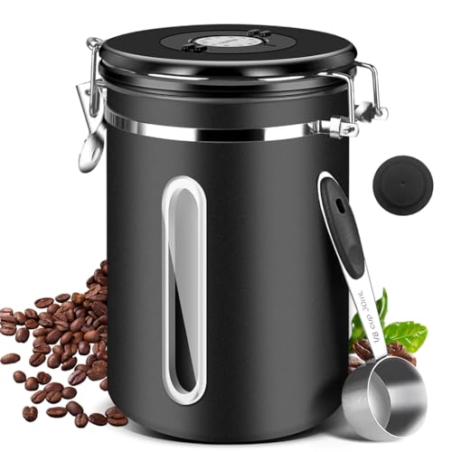 HASTHIP® Coffee Bean Canister 63oz/1.8L, Airtight Stainless Steel Food Storage Container with Lid, Date Tracker & Clear Window, Kitchen Organizer Jar for Coffee, Tea, Sugar, Flour, Pantry Organization
