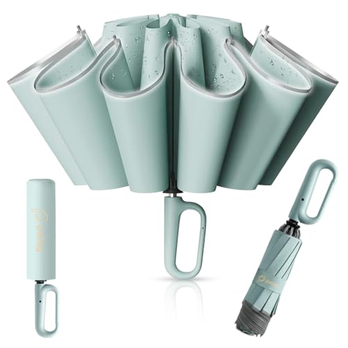 HASTHIP® 50'' Large Compact Travel Umbrella with Reflective Strip, Auto Open Close 3-Fold Folding Sun & Rain Umbrella, Windproof 10 Dual Ribs with Carabiner Handle UPF 50+ UV Protection for