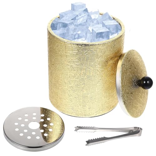 HASTHIP® Luxury Double Wall Stainless Steel Ice Bucket with Filter and Lid,Insulated Gold Whiskey Ice Container,PU Leather Covered Small Bar Holder for Home Party Club