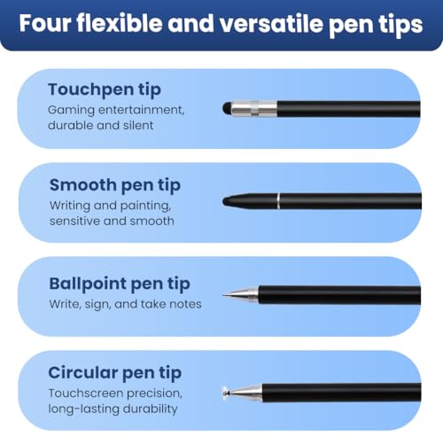 HASTHIP® 4-in-1 High Precision Universal Capacitive Stylus Pen for Touch Screens | Lightweight Aluminum Body | 4 Tips | 2 Size Rubber Tips, Disc Tip, Fine Point | Compatible for iOS, Android & Windows