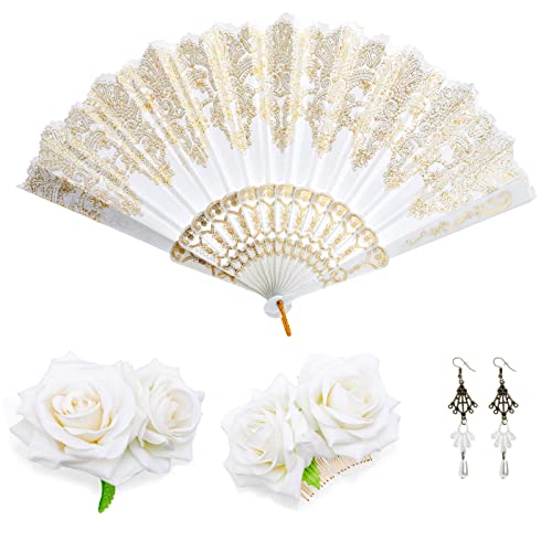 HASTHIP® Hand Fan Elegant White Fabric Hand Fan Traditional Chinese Fan with Tassel Charm Summer Fan Handheld Cooling Fan Travel Hand Fan Gift for Girls Women, 9 inches