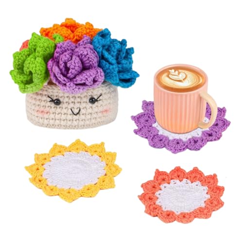 HASTHIP® NAWOKEENY Crochet Kit for Beginners,6 Colors DIY Crochet Floral Coasters Kit,Complete Starter with Yarn Hooks Accessories & Case Handmade Coaster Gift for Adults & Kids