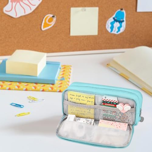 HASTHIP® Pencil Case Box for Boys Girls, Large Capacity 3 Compartment Pen & Pencil Pouch, Stationery Organizer Bag for Kids Teens Adults, Blue