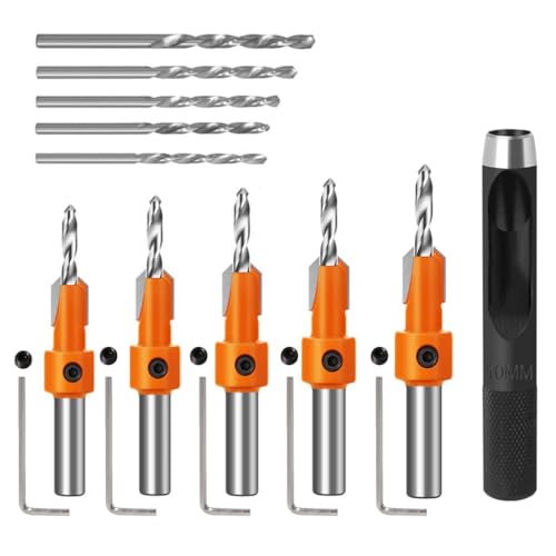 HASTHIP® 10Pcs Wood Countersink Drill Bit Set, with 5Pcs Extra Pilot Drill Bit,5/16" Round Shank, Hex Key Wrench, Counter Sinker for Woodworking, 5 Sizes 2.8X10, 3.0X10, 3.2X10, 3.5X10, 4.0X10
