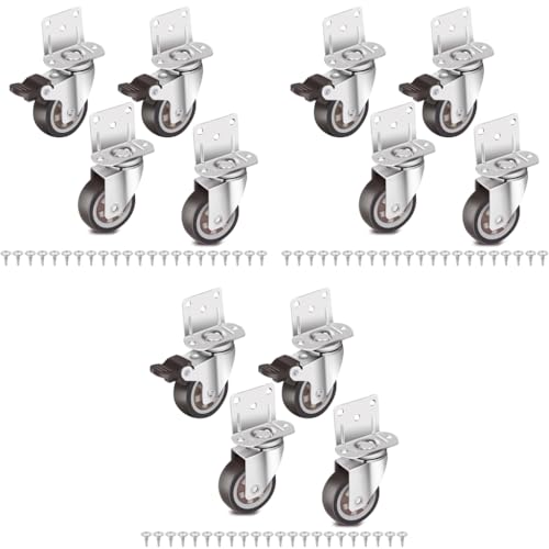HASTHIP® 12PCS 1 Inch L-Shaped Caster Wheels with Brakes 360 Degree Swivel for Furniture Soft Rubber Plate Castors Mini Load Capacity 200 Lbs