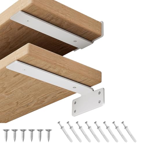 HASTHIP® 2Pcs Floating Shelf Brackets 6'' T-Shape Carboon Steel Rack for Hanging Shelf, Floating Shelf Support Brackets, Screw-Fixed Metal Rack Wall-Mounted Shelf Hardware, White