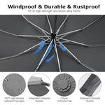 HASTHIP® Large Travel Umbrella with Reflective Strip, Auto Open Close 3-Fold Compact Umbrella, Carabiner Handle, 10 Dual Ribs Reinforced, Windproof Waterproof Sun UV Protection for Men Women