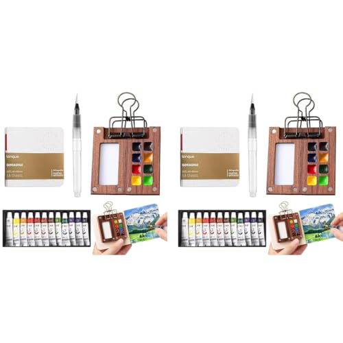 HASTHIP® Pocket Watercolor Acrylic Paint Set 12-Color 5ML Tubes Mini 8-Grid Palette Brush Pen Portable Travel Sketching Kit with Drawing Book X2