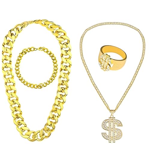 HASTHIP® 80s 90s Hip Hop Costume Kit for Boys & Girls, Gold Chain Rapper Accessories Set with Dollar Sign Cap, CZ Grillz Teeth, Dress Up Outfit for Kids Birthday Party Halloween Cosplay