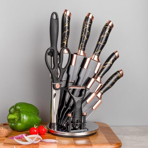 HASTHIP® Kitchen Cutters Set of 8Pcs Stainless Steel Kitchen Cutter Tool Set with Storage Holder Chef Western Japanese Chef Knives Fruit Cutter Peeler Scissors Cutter Sharpenning Steel
