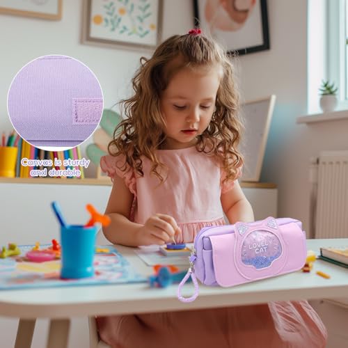 HASTHIP® Pencil Case for Girls,Cute Purple Kitty Students Stationery Pouch,Double Layer Zipper Pen Bag Large Capacity Pencil Pouch Organizer for School Supplies Gift Schoolgirls and Kids