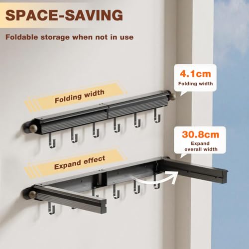 HASTHIP® Folding Bathroom Towel Rack Dual Row Laundry Rack with 6 Hooks, No Drill Aluminum Steel Wall Hanging Storage Rack Fashion Minimalist Utility Storage Rack for Bathroom, Balcony, 30.8x70cm