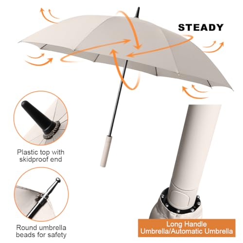HASTHIP® Large Golf Umbrella for Men Women, 52 Inch Canopy Windproof Rain Sun UV Protection, Oxford Fabric Straight Handle Auto Open Stick Umbrella for Outdoor Travel Commute (Beige)