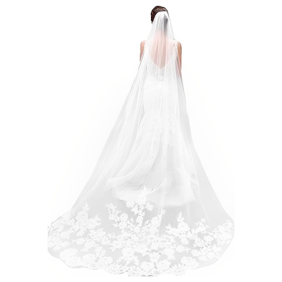 HASTHIP® Velo de novia largo 3M de encaje blanco con peine,velo catedral tul para boda,accesorio elegante para novia estilo clásico y ligero