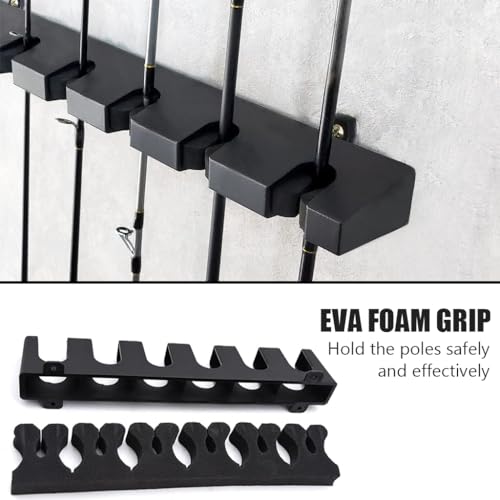 HASTHIP® Metal Wall Mounted Fishing Rod Holder with EVA Foam Grip, 6-Slot Universal Fishing Pole Rack for Casting, Spinning, and Telescopic Rod Storage & Display