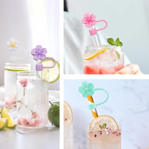 HASTHIP® 10PCS Flower Silicone Straw Caps for Stanley 30 40 Oz Cups Accessories Cherry Blossom Universal 10mm Covers for Glass Straws Dust-Proof Water Bottle