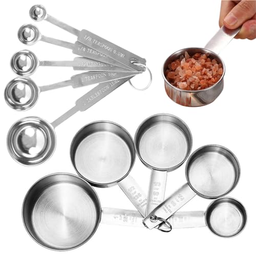 HASTHIP® 10Pcs Measuring Cups and Spoons Set - Stainless Steel Measuring Cup with Scales of 2 Units, Dry & Wet Food Measuring Cup for Cooking and Baking, Ideal For Chefs & Home Cooks (Silver)