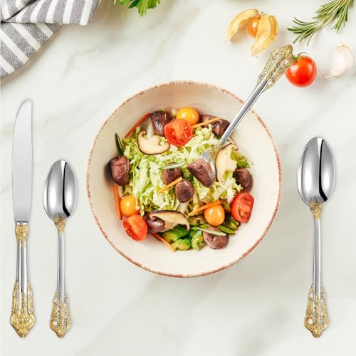 HASTHIP® 4-Piece Stainless Steel Flatware Set, Gold Embossed Handle Design, Includes Table Spoon, Dessert Fork, Kitchen Knife, Elegant Cutlery Gift Set for Home, Dining, and Special Occasions