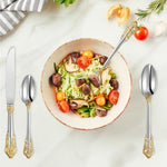HASTHIP® 4-Piece Stainless Steel Flatware Set, Gold Embossed Handle Design, Includes Table Spoon, Dessert Fork, Kitchen Knife, Elegant Cutlery Gift Set for Home, Dining, and Special Occasions