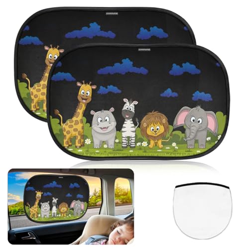 HASTHIP® 2 Pcs Car Sun Shade For Side Window, Cartoon Design, Side Window Sunshades UV Protection, 120GSM High Density, Universal Fit, Easy Installation, Foldable with Storage Bag, 51x31cm