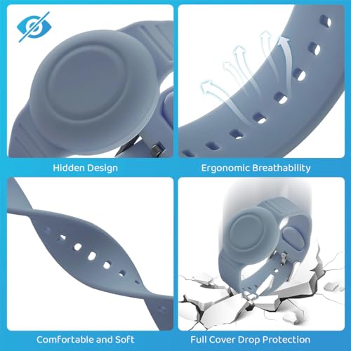HASTHIP® OMELPIS 2 Pack Waterproof AirTag Wristband for Kids, Soft Silicone Adjustable GPS Tracker Bracelet with Hidden Protective Case, Lightweight Watch Band Compatible with Apple AirTag (Grey Blu