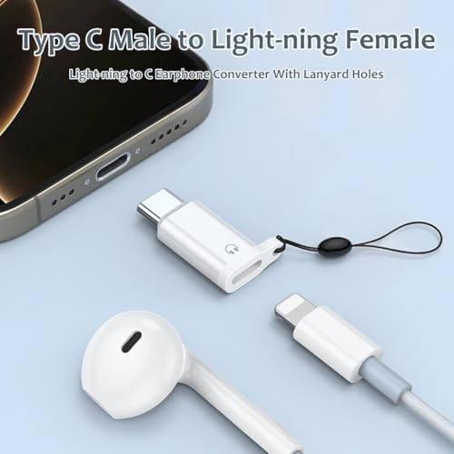 HASTHIP® Lightning to USB-C Earphone Adapter with Lanyard Holes, Type-C Male to Lightning Female Audio Converter, Aluminum Alloy, Supports Hands-Free Call & Volume Control, Compatible with iPhone