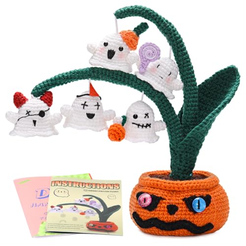 HASTHIP® Halloween Crochet Kit for Beginners, Complete DIY Spooky Ghost Pumpkin Tree Desk Decoration Set with Step-by-Step Instructions, Yarn Kit for Home, Office, Gift Crafting