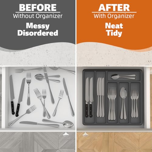 HASTHIP® Silverware Organizer with Lid 6-Compartment Design Dust Proof Utensil Storage Tray for Drawer and Countertop Drawer Organizer Universal Cutlery Organizer for Spoons, Forks, Table Cutters