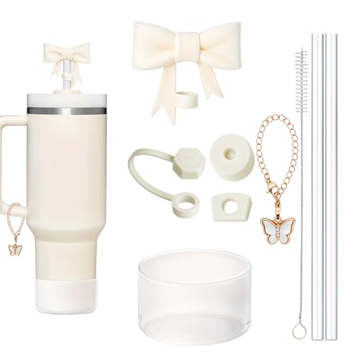 HASTHIP® For Stanley Cup Accessories & Charm Kit Set of 9Pcs Fashion Straw Accessories Kit Cute Bow Straw Cap, 2 Straight Straws, Cleaning Brush, Butterfly Handle Charm, Cup Bottom Sleeve