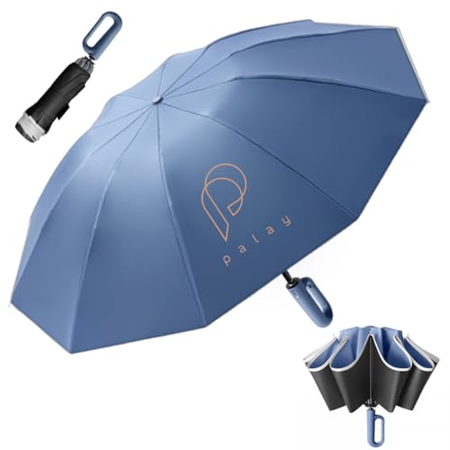 HASTHIP® Large Travel Umbrella for Men Women, 50'' Automatic Open Close Windproof Folding Umbrella with Reflective Strip, 10 Dual Ribs Reinforced, UPF 50+ 99% UV Protection, Compact Portable