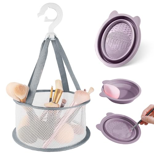 HASTHIP® YourBrand Makeup Brush Cleaner Mat & Foldable Silicone Cleaning Bowl, Hanging Drying Net for Brushes, Sponges & Cosmetic Tools, Portable Washing Scrubber, Travel Makeup Brush Cleaning Set