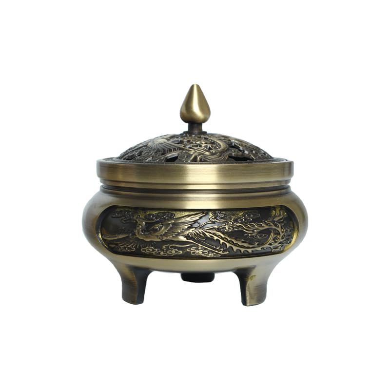 HASTHIP® Incense Burner 2.7" Bronze Alloy Incense Burner with Hollow Lid, Engraved Auspicious Phoenix Design for Cone Incense, Office and Home Tea Ceremony Decoration Ornaments