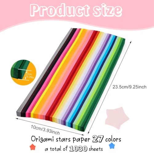 HASTHIP® 1030 Sheets Star Origami Paper 27 Assortment Color Strip Double Sided Lucky Decoration Strips for DIY Hand Art Crafts Decor Gifts 2 PCS