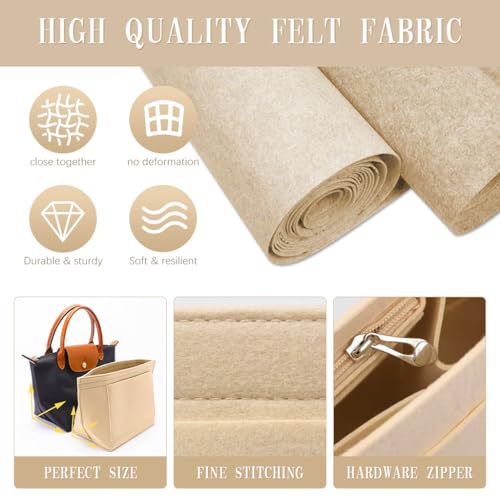 HASTHIP® Felt Purse Organizer Insert for Handbag,Multi-Compartment Tote Bag Liner,Makeup Bag Shaper with Zipper Large Capacity Organizer Pouch for Longchamp Neverfull 26x20x13cm