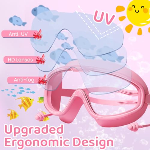 HASTHIP® Girls Swimming Goggles & Swim Cap Set, Kids Anti-Fog UV Protection Goggles with Integrated Ear Plugs, No Leak Swim Goggles Clear Vision, Cartoon Swim Goggles Kids for Children Age 6-14