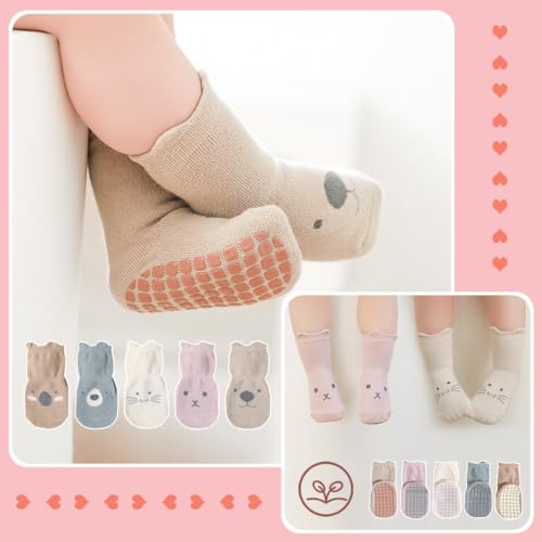HASTHIP® 5 Pairs Baby Socks Set 1-3 Years, Antislip Socks for New Born Baby, Non Slip Grip Ankle Socks with Non Skid Soles Infants Socks for Toddler Baby Girls Boys 12-36 Months Baby Shower Gifts