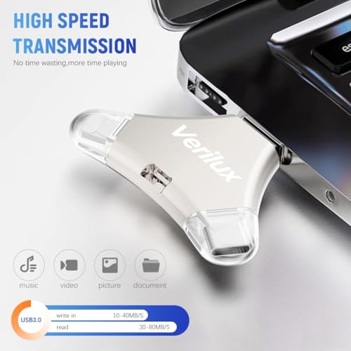 HASTHIP® Pendrive 256GB 4 in 1 Flash Drive with Light-ning, Micro USB, USB A, Type-C Interface Mini Hangable PenDrive for iOS & Android Compatible with iPhone