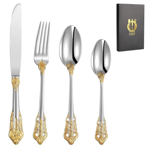 HASTHIP® 4-Piece Stainless Steel Flatware Set, Gold Embossed Handle Design, Includes Table Spoon, Dessert Fork, Kitchen Knife, Elegant Cutlery Gift Set for Home, Dining, and Special Occasions