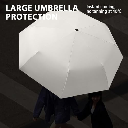 HASTHIP® UPF 50+ Sun Protection Travel Umbrella, Compact Folding Lightweight Windproof Rain & UV Blocking Umbrella with Fiberglass Ribs, Water-Resistant Black Coated Liner, Beige