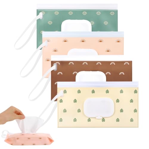HASTHIP® 4 Pack Baby Wipes Dispenser Pouch, Reusable PVC Wet Wipe Holder with Flip-top Zip Lock, Portable Travel Wipes Case for Stroller, Diaper Bag & Home Use, 24x13.5cm