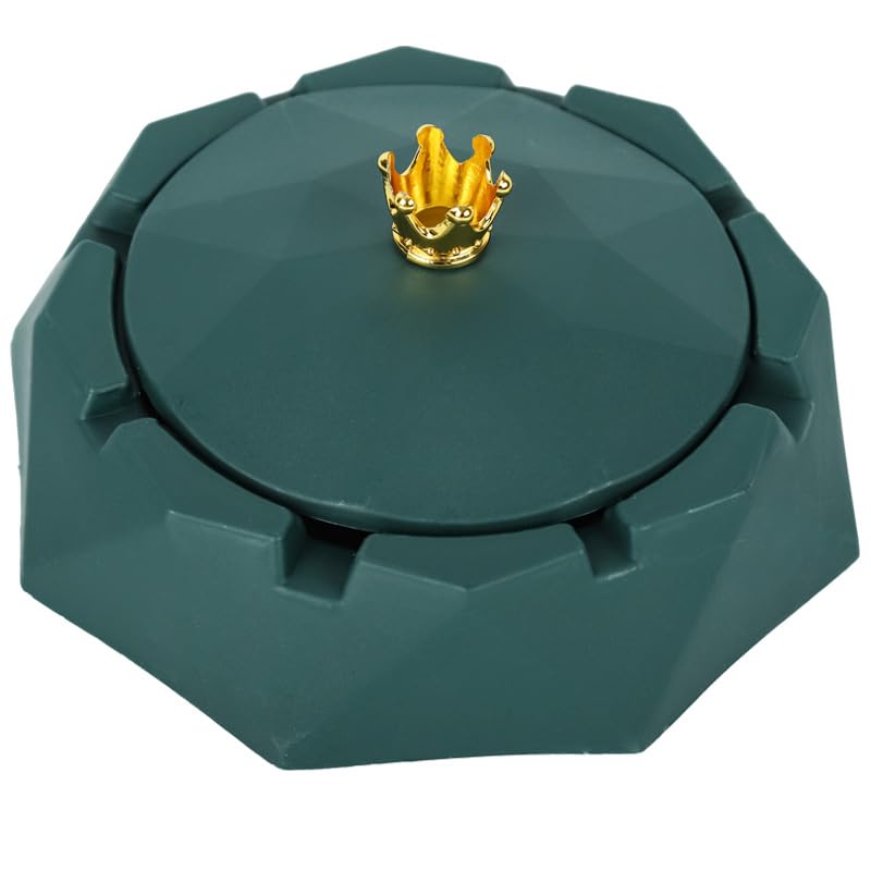 HASTHIP Fashion Desk Ashtray with Lid featuring Crown Handle and Stainless Steel Liner | Green Gift Choice