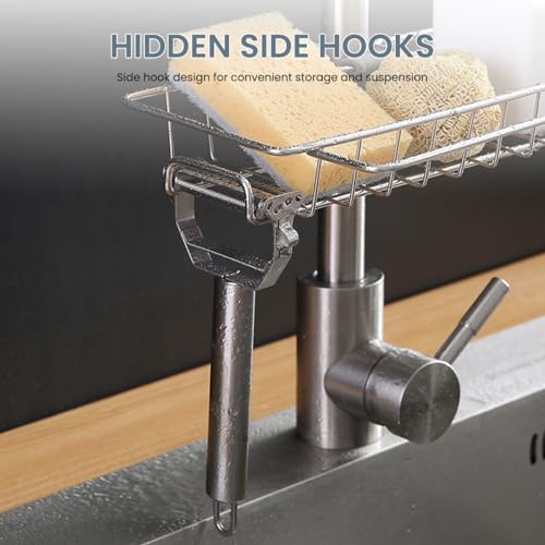 HASTHIP® BrandName Kitchen Sink Caddy Organizer – Large Detachable Stainless Steel Faucet Rack, Hanging Sponge Holder for Drainage, Soap, Scrubbers, Kitchen & Bathroom (15x17cm)