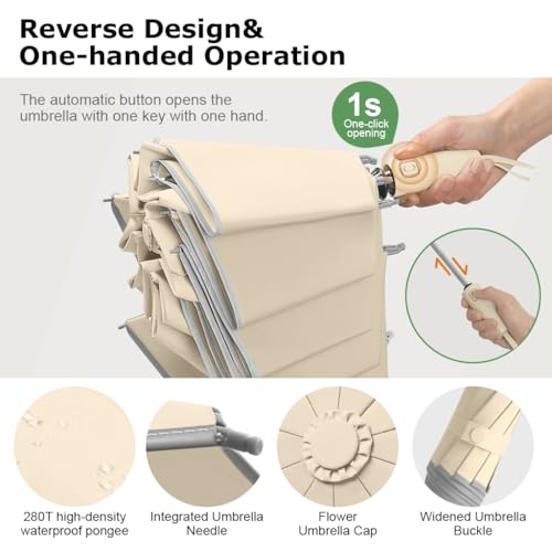 HASTHIP® 3 Fold Umbrella for Rain with Reflective Strip, Compact Travel Umbrella Auto One-Touch Open/Close, Reinforced 10 Dual Ribs, Sun Protection 99% UV & Rain & Windproof for Men Women (Khaki)