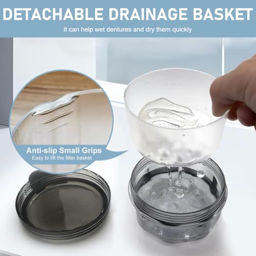 HASTHIP® Denture Bath Case, Leak Proof Retainer Box with Strainer, Denture Cleaning Cup Holder for Soaking Dentures, Travel Aligner Container, Mouth Guard Storage Case