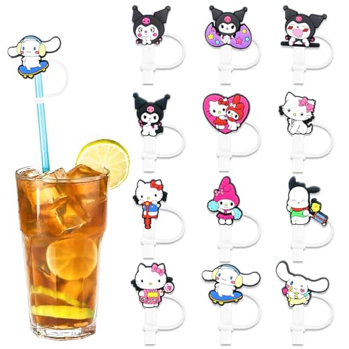 HASTHIP® 12Pcs Kawaii Straw Lids Sanrio Series Drinking Anti-Lost Kids Universal 10mm Straw Lids for Stainless Steel Straw, Straight Straw, Curved Straw, Glass Straws