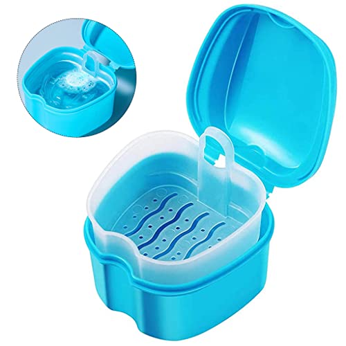 HASTHIP® Denture Box Case Sanitary Denture Bath Retainer Case Portable Orthodontic Storage Container with Strainer Basket for Dentures, Mouth Guard, Fake Teeth, Night Guard Holder Travel Soaking Cup