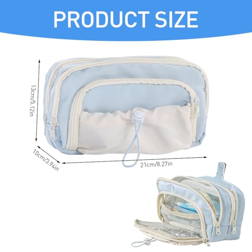 HASTHIP® 3-Layer Aesthetic Pencil Pouch for Girls, Large Capacity School Stationery Organizer, Soft Cloth Zipper Bag with Multi Compartments, Cute Gift, 21x13x10cm