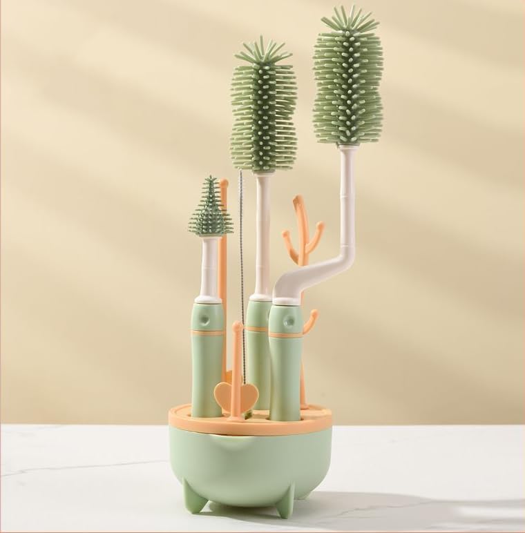 HASTHIP® 4pcs Silicone Baby Bottle Brush Set with Stand,Rotatable Cleaning Brush,Straw Soother Multipurpose Dishwasher Safe Bottle Cleaner for Cups Mugs Glassware