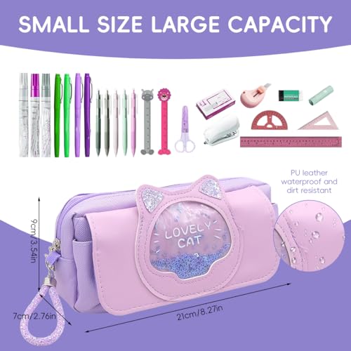HASTHIP® Pencil Case for Girls,Cute Purple Kitty Students Stationery Pouch,Double Layer Zipper Pen Bag Large Capacity Pencil Pouch Organizer for